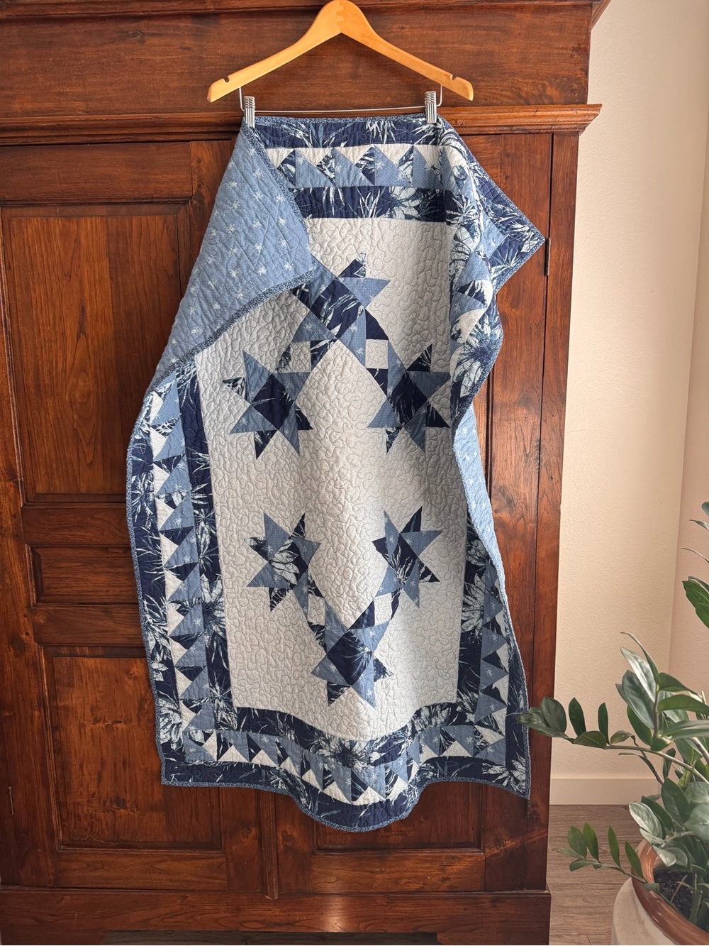 Handmade Quilt Sawtooth Star Pattern Blue Color